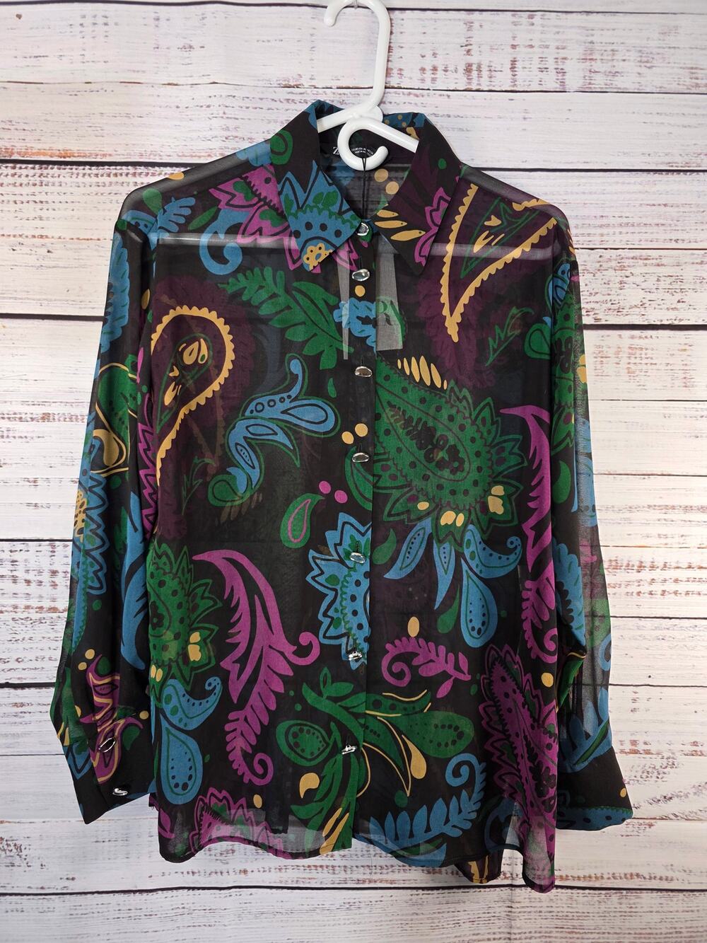 ZARA Women's XS sheer button up blouse paisley pattern NWT